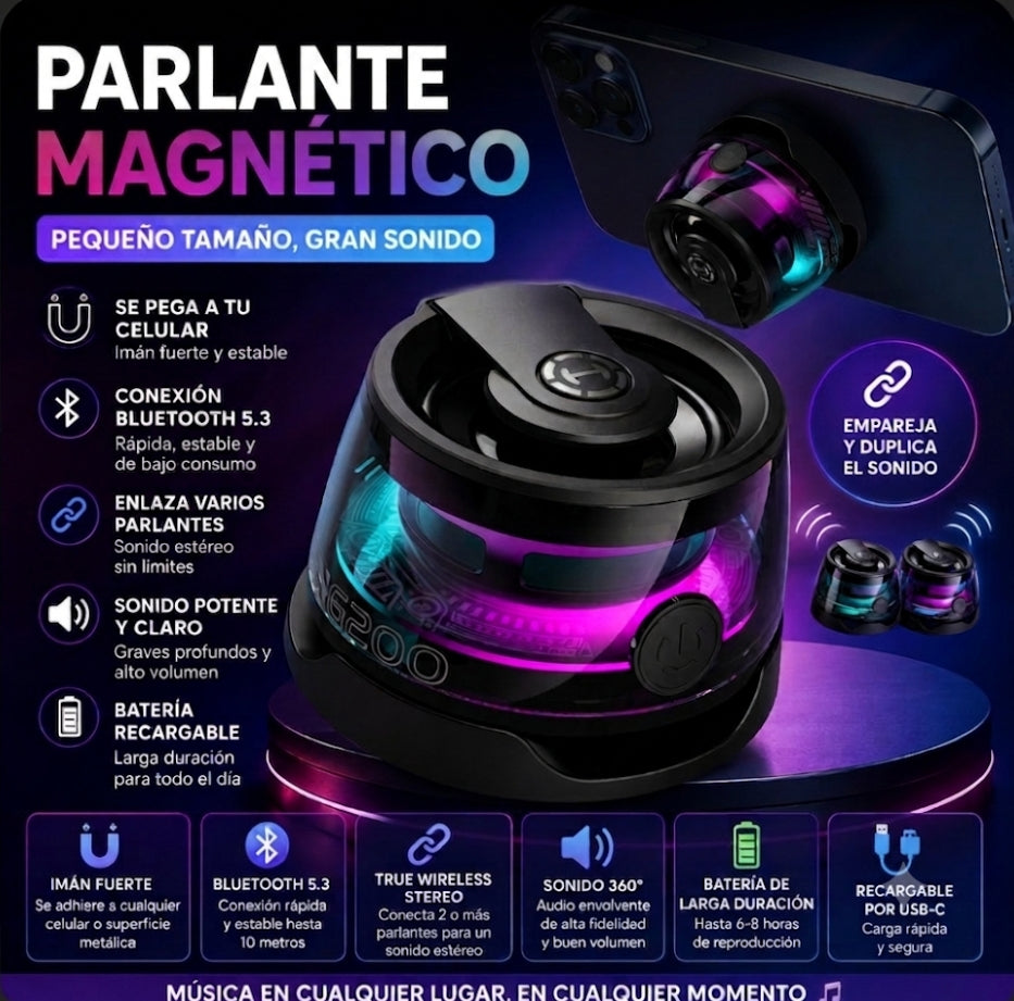 Parlante Magnético Bluetooth 5.3 | Sonido 360°, Imán Ultra Fuerte y Batería de Larga Duración