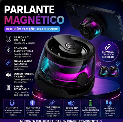 Parlante Magnético Bluetooth 5.3 | Sonido 360°, Imán Ultra Fuerte y Batería de Larga Duración